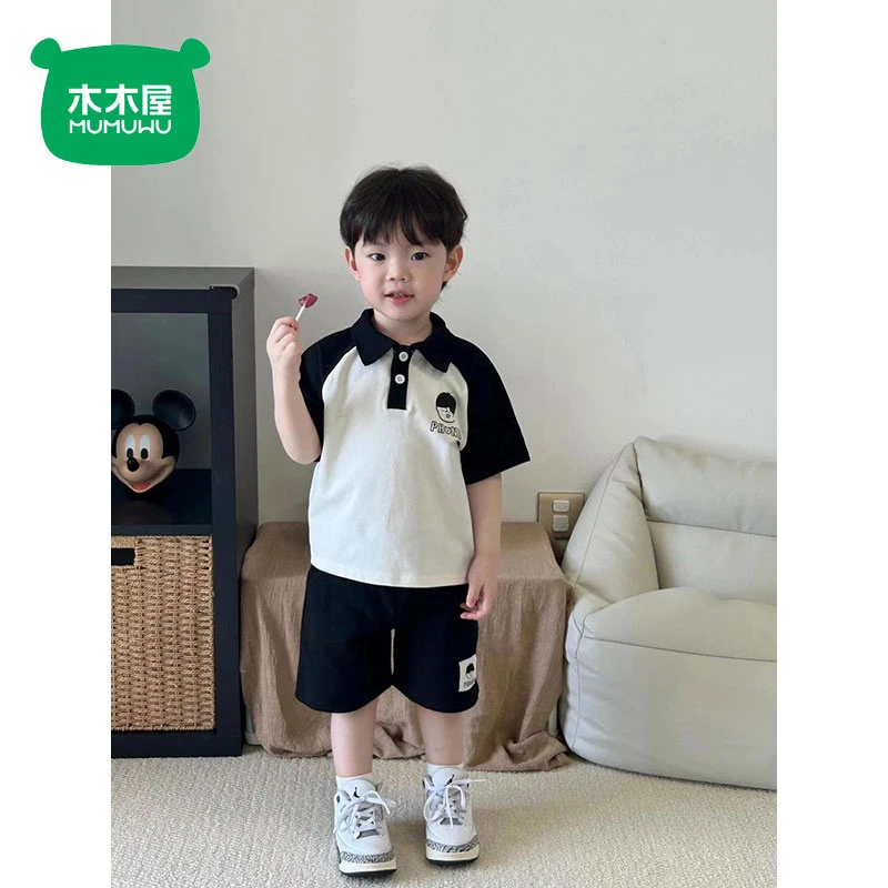 木木屋儿童纯棉套装夏季新款polo拼色卡通翻领洋气男童宝宝两件套