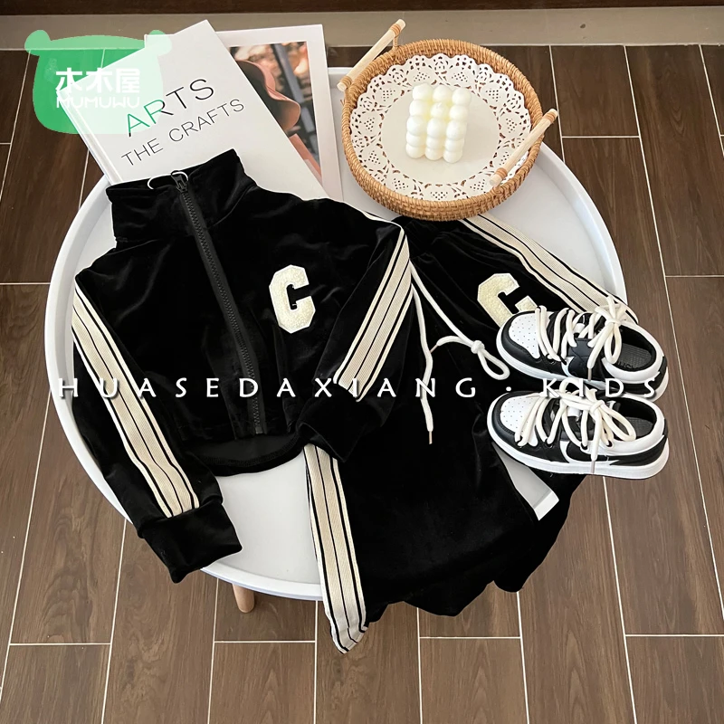 木木屋女童洋气套装字母长袖拉链上衣秋季韩版外套休闲裤两件套装