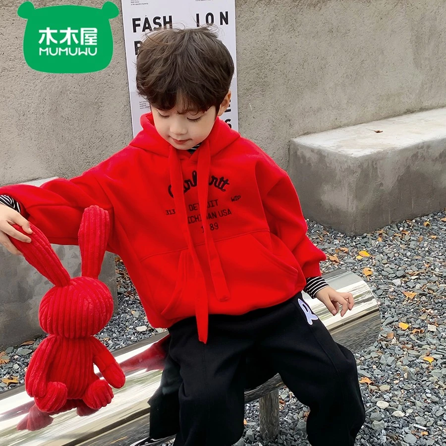 木木屋男童红色卫衣2024秋冬儿童过年加绒加厚红色连帽卫衣