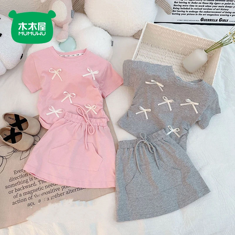 木木屋女童蝴蝶结短袖套装2025新款洋气时髦夏装百搭短裙两件套装