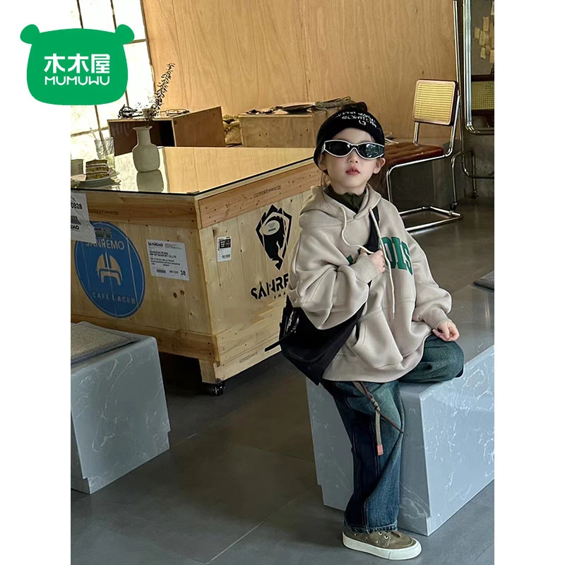 木木屋女童连帽加绒卫衣秋冬季韩系儿童洋气中大童加厚一体绒上衣