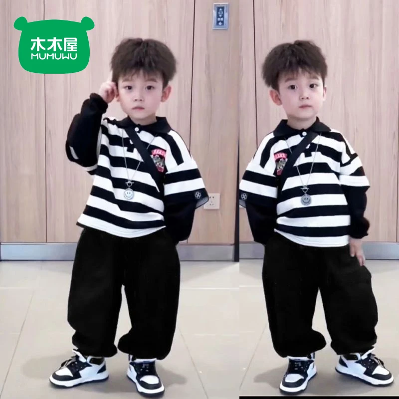 木木屋男童POLO衫条纹套装儿童假两件上衣+裤子套装帅气两件套装