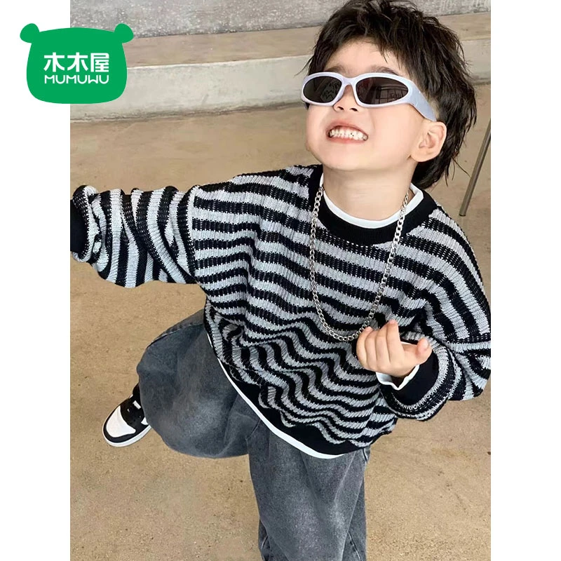 木木屋男童时髦假两件上衣洋气春秋新款针织套头宝宝条纹韩版卫衣