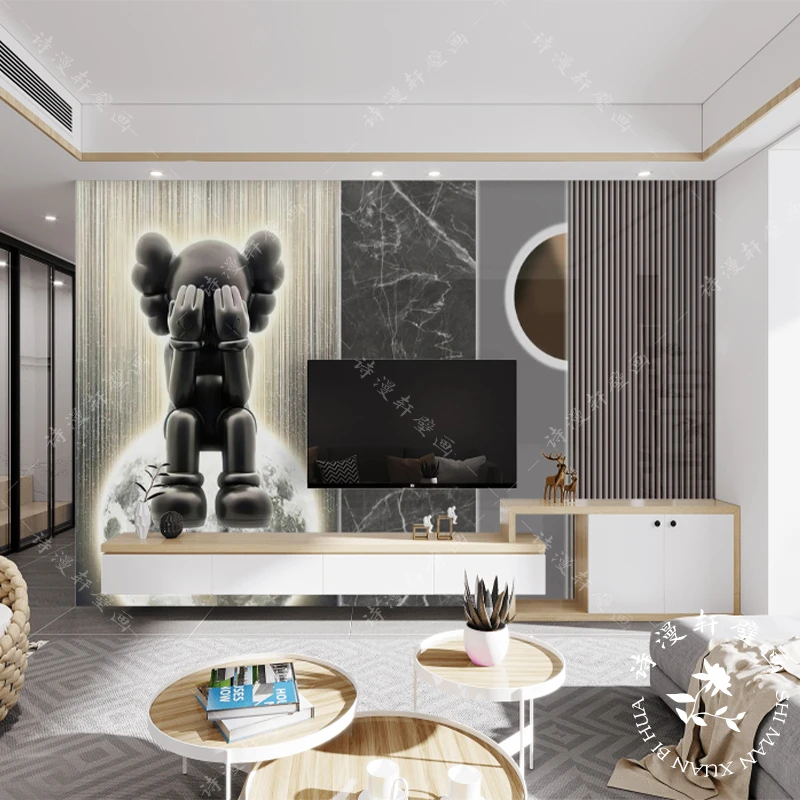 新款暴力熊格栅电视背景墙布清晰立体感墙布现代大气卧室定制壁布