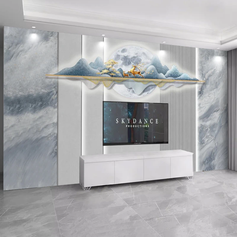 2024现代简约轻奢电视背景墙布新中式山水麋鹿大理石客厅定制壁画