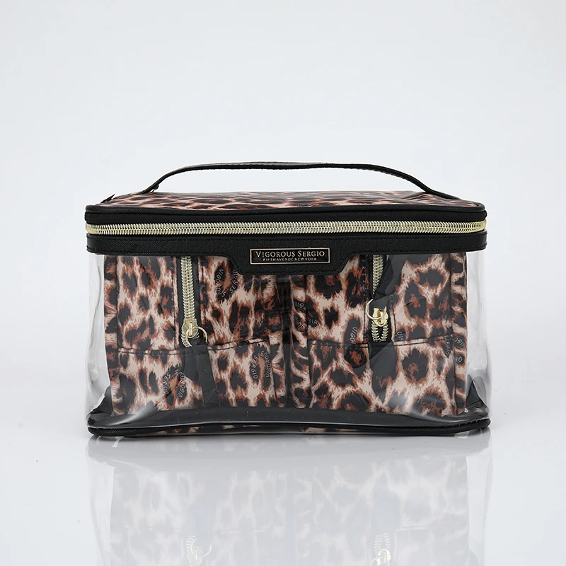 潮流时尚百搭印花豹纹女士防水棕色透明化妆包洗漱包收纳包便携