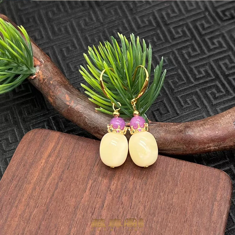 【藏真阁】H1643天然白蜡镶嵌枣珠耳钩