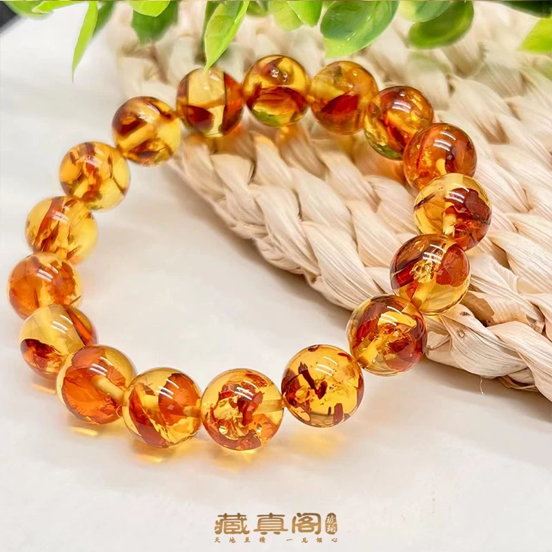 【藏真阁】H1027天然珠宝花珀圆珠素圈手串11mm