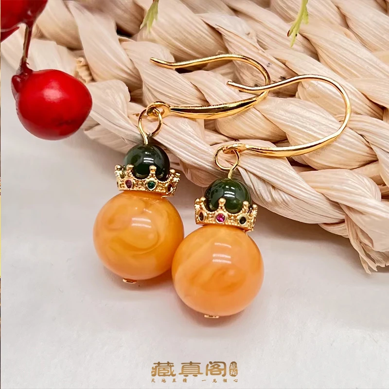 【藏真阁】H1059天然蜜蜡圆珠时尚百搭耳钩