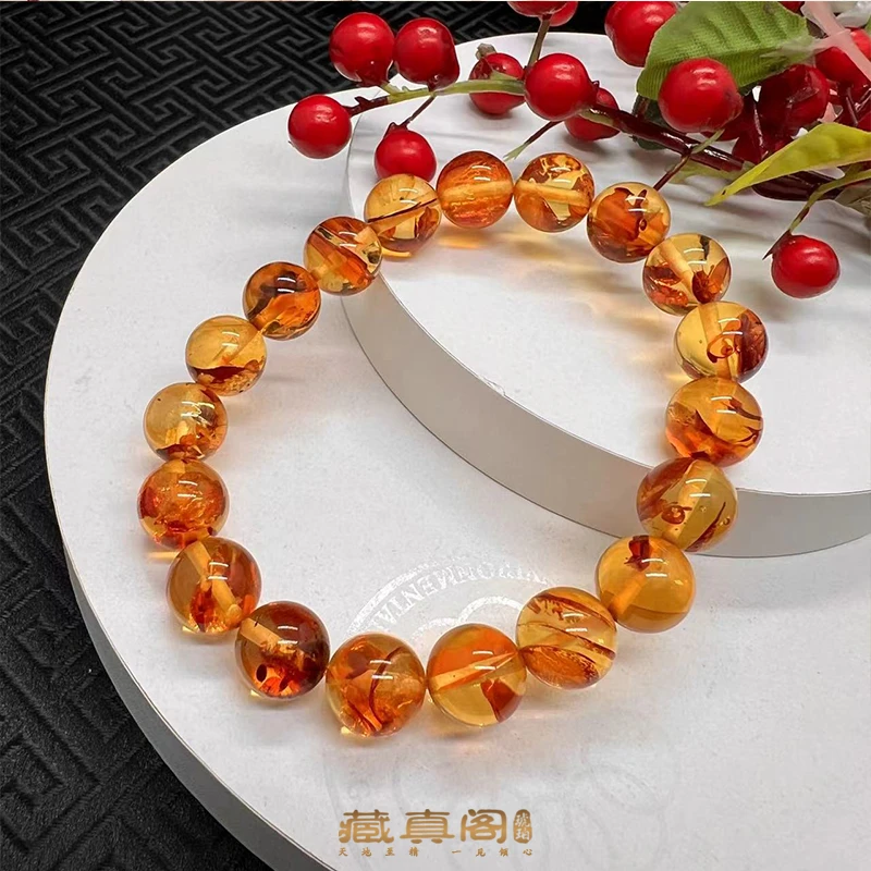 【藏真阁】H1303天然珠宝圆珠花珀素手串10mm