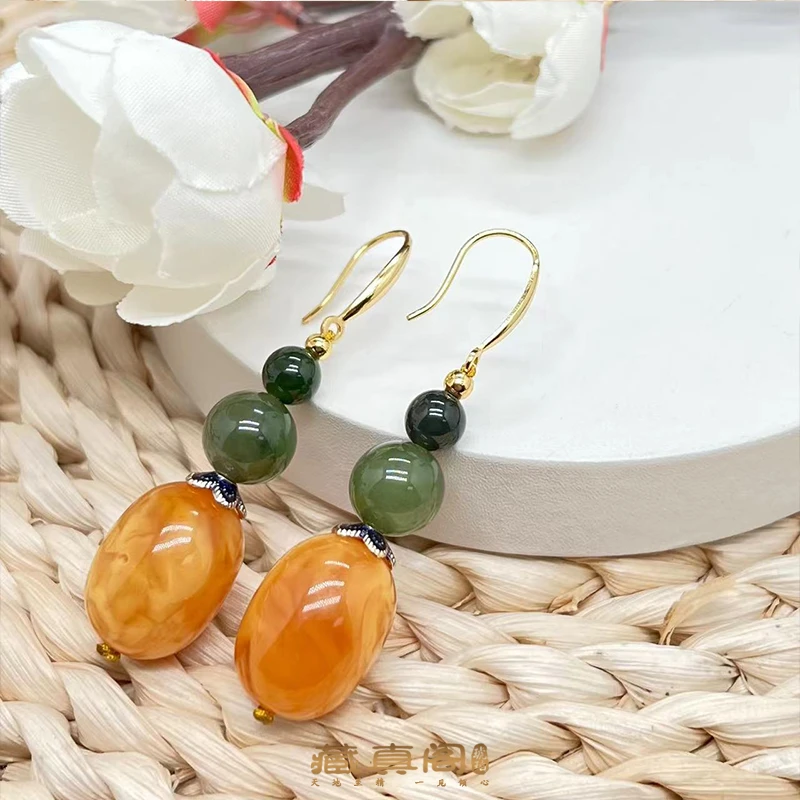 【藏真阁】H1112天然珠宝琥珀蜜蜡枣珠时尚百搭耳钩