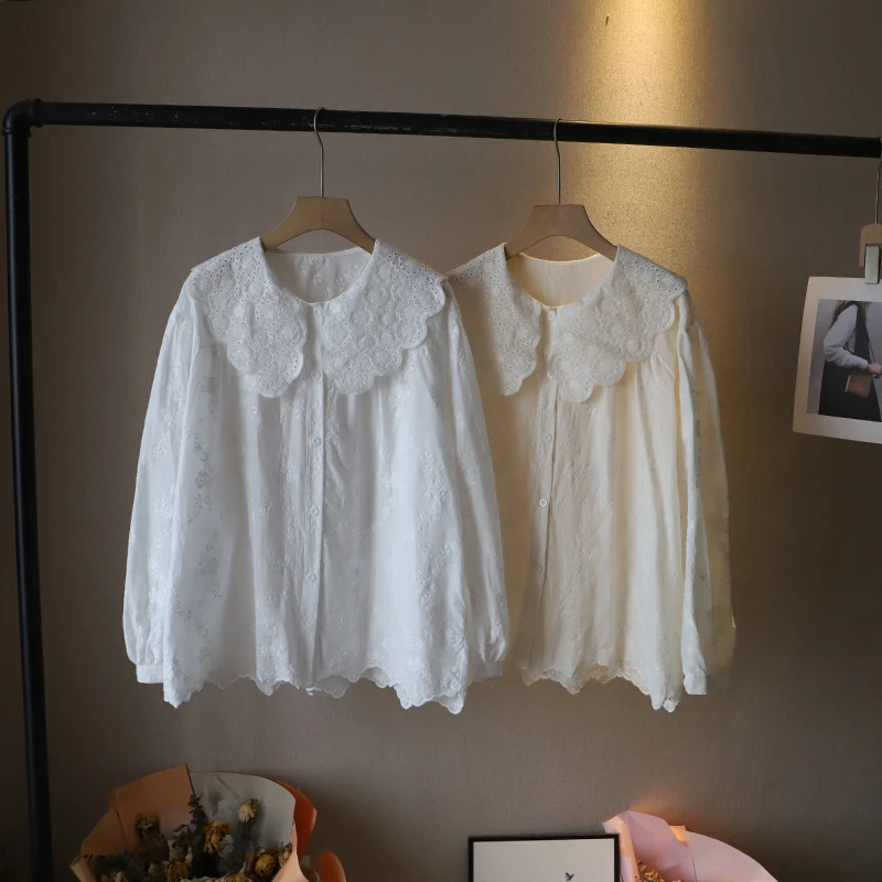 [比正]2024秋季新款小清新娃娃领长袖提花衬衫女宽松减龄上衣2323