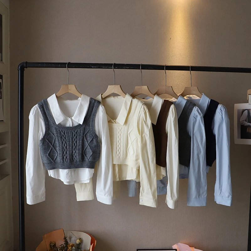 [比正]2024秋季新款韩版气质长袖衬衫女针织马甲背心两件套2290