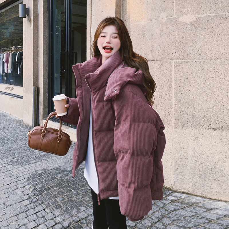 灰紫色复古连帽羽绒服女2024冬季新款韩版90白鸭绒保暖面包服外套