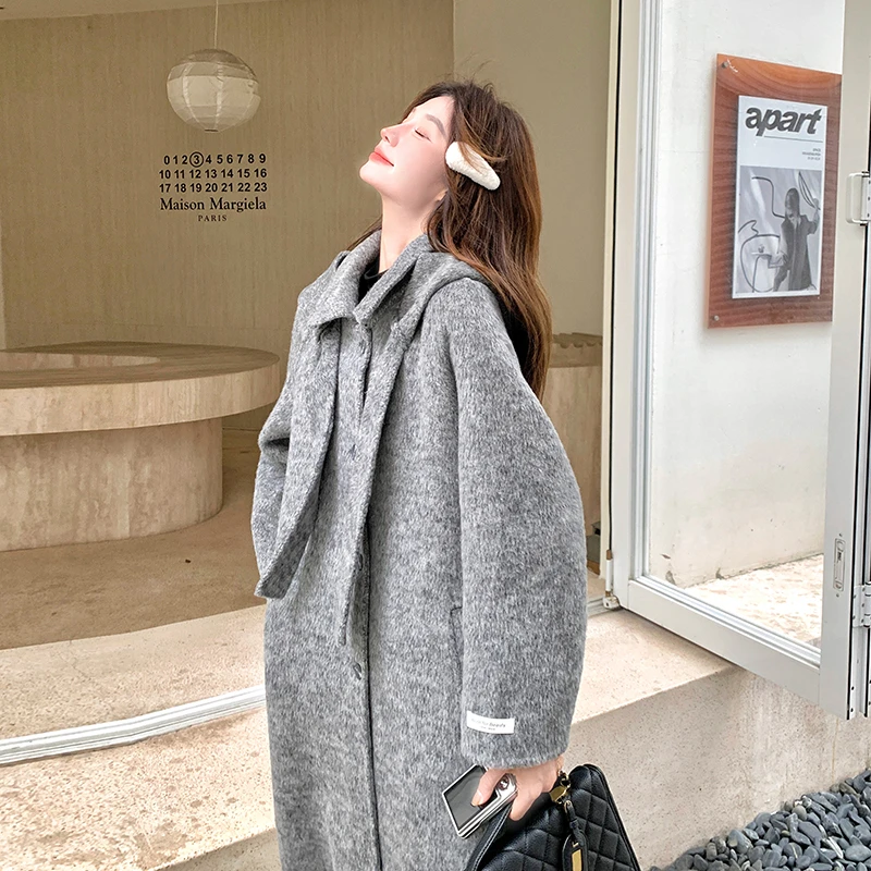 灰色韩系慵懒风双面呢羊毛大衣女2024秋冬新款连帽单排扣毛呢外套
