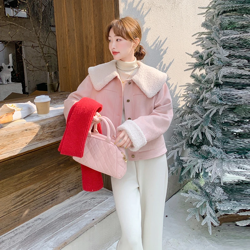 粉色复古单排扣披肩翻毛领羽绒服女2024冬季新款90白鸭绒皮毛一体