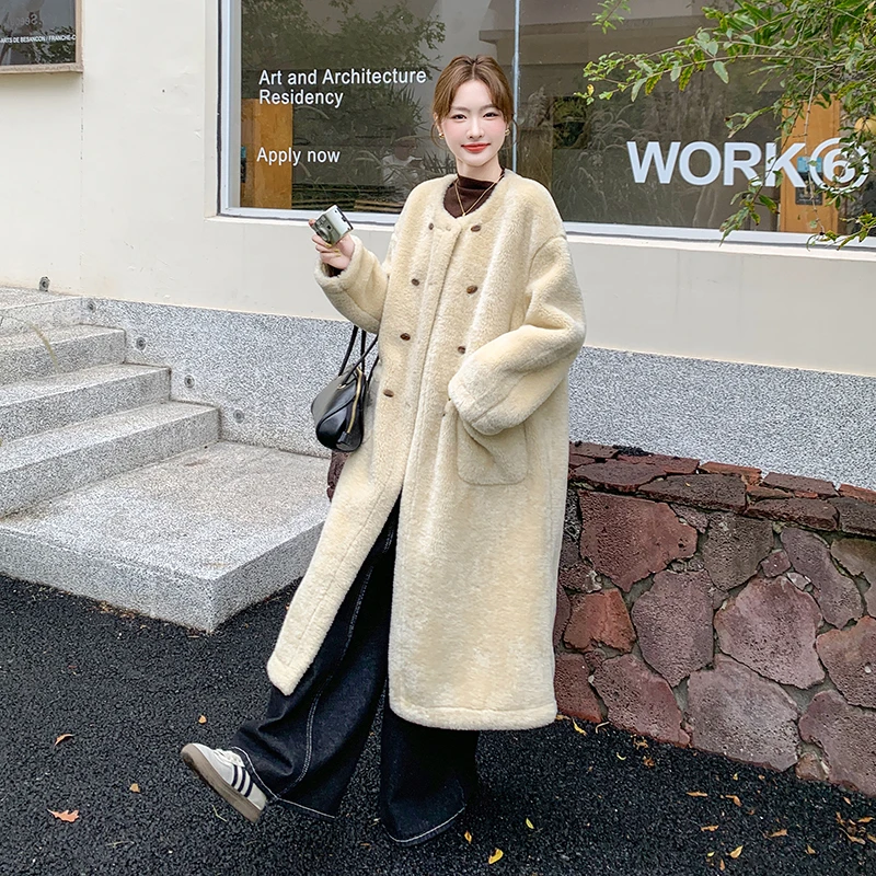 米黄色韩版双排扣毛绒大衣女2024秋冬新款长款氛围感皮毛一体外套