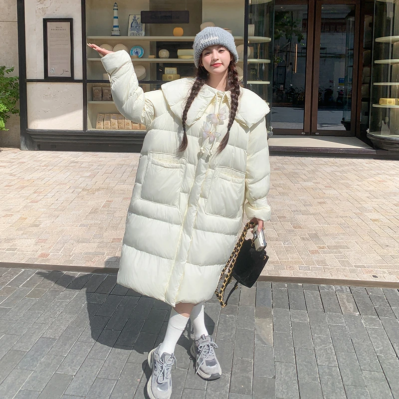 米白色设计感韩版防风大翻领羽绒服女2024年冬季新款中长款面包服