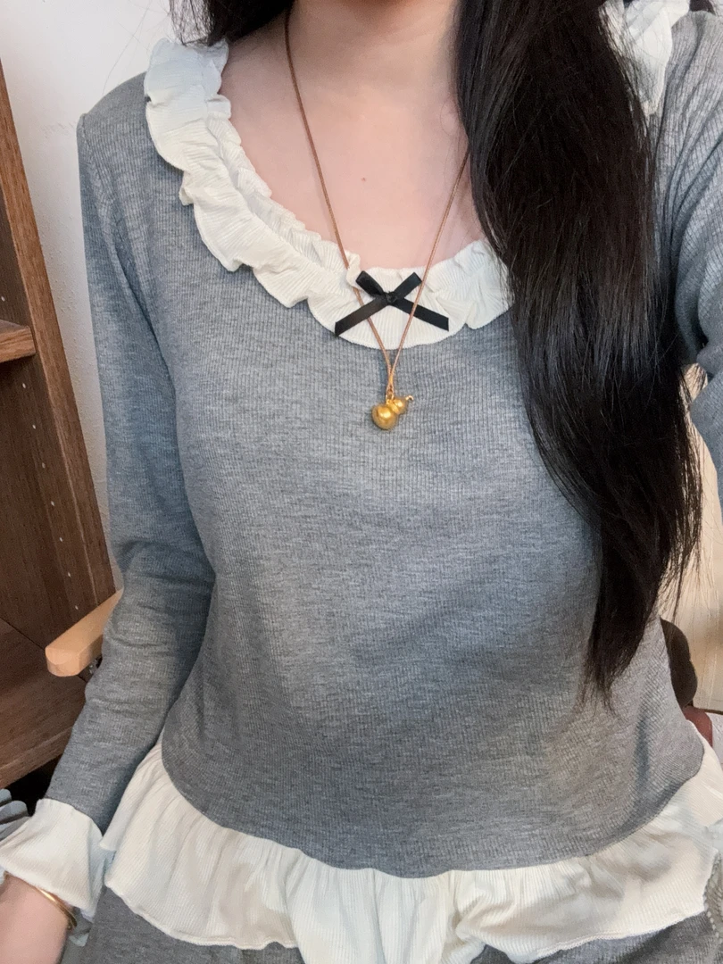 【法式芭蕾风】长袖短款显瘦带胸垫可外穿休闲家居服套装