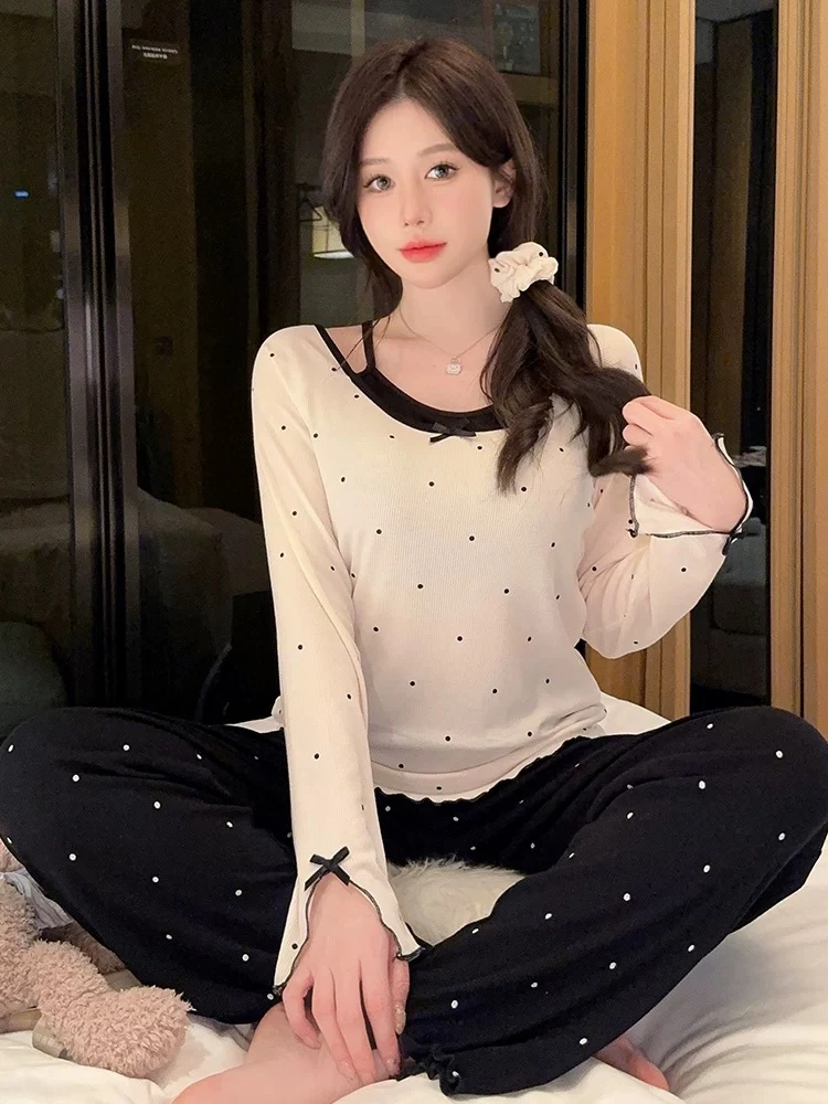波点~法式长袖睡衣女春秋带胸垫休闲可外穿家居服套装