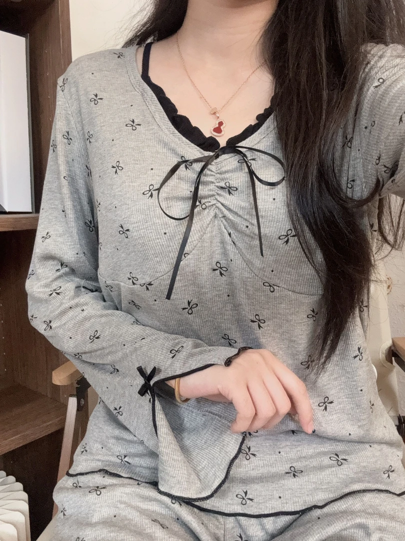 蝶梦~法式长袖睡衣女春秋带胸垫休闲可外穿家居服套装