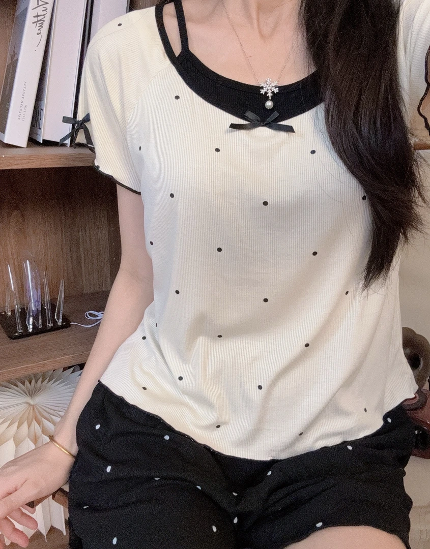 【纯欲波点假两件】短袖套头女睡衣春夏带胸垫休闲可外穿家居服套装