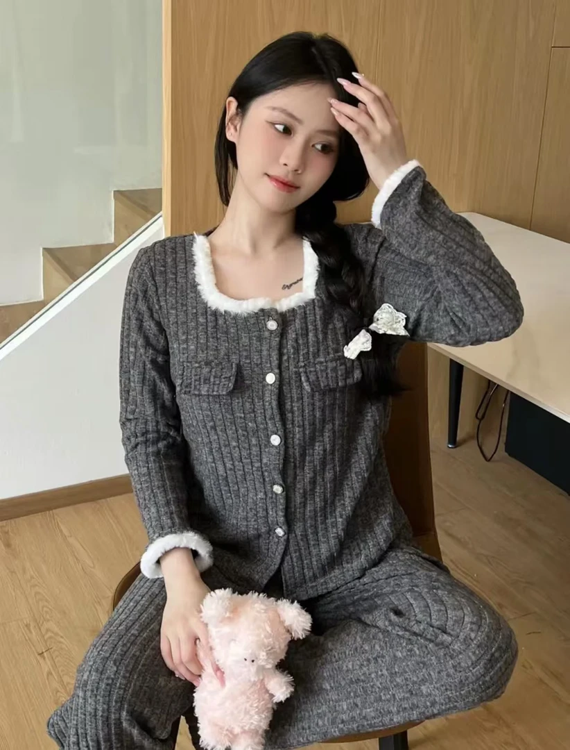 【深灰小香风】显瘦长袖带胸垫可外穿休闲家居服套装