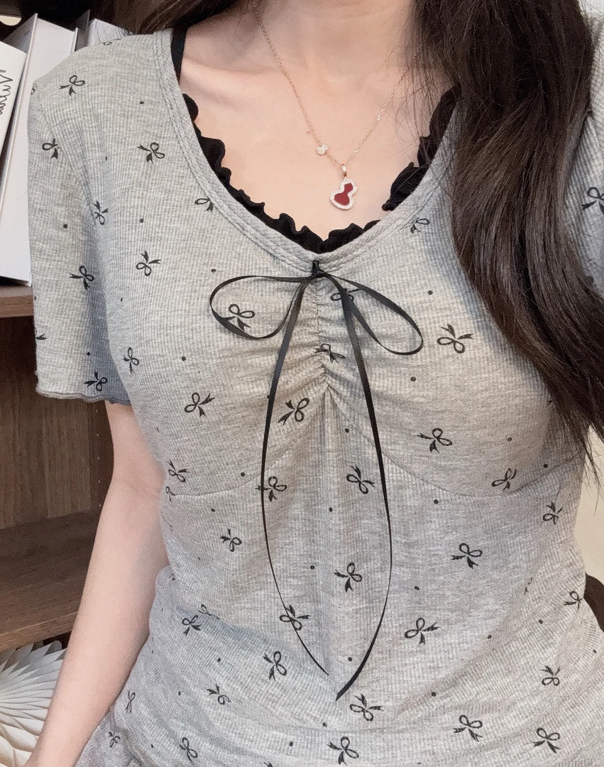 灰色蝴蝶结~带胸垫短袖气质显瘦女外穿家居服套装~H96