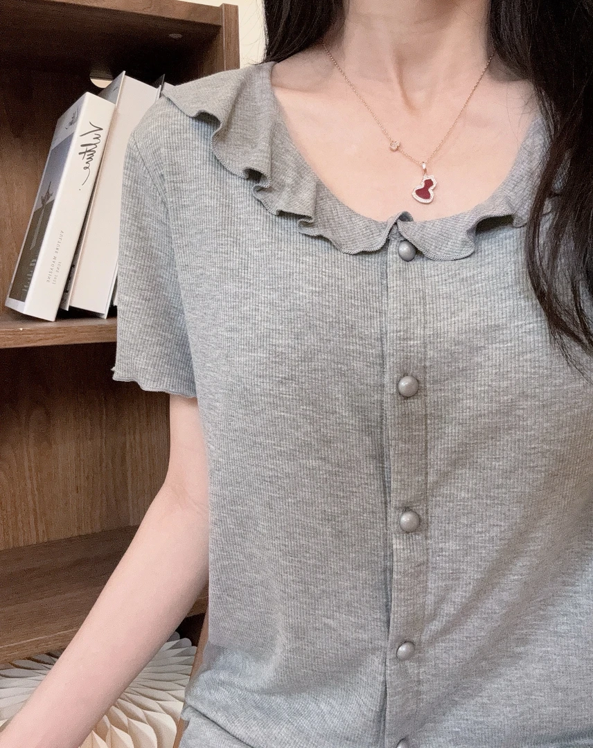 法式卷边领口~带胸垫短袖纯欲春夏可外穿家居服套装