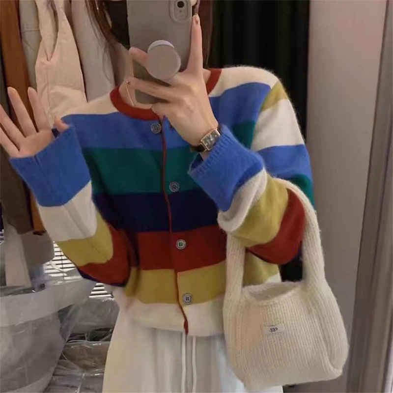 【彩虹毛衣】韩版圆领毛衣外套女秋季新款长袖时尚针织开衫外穿洋气