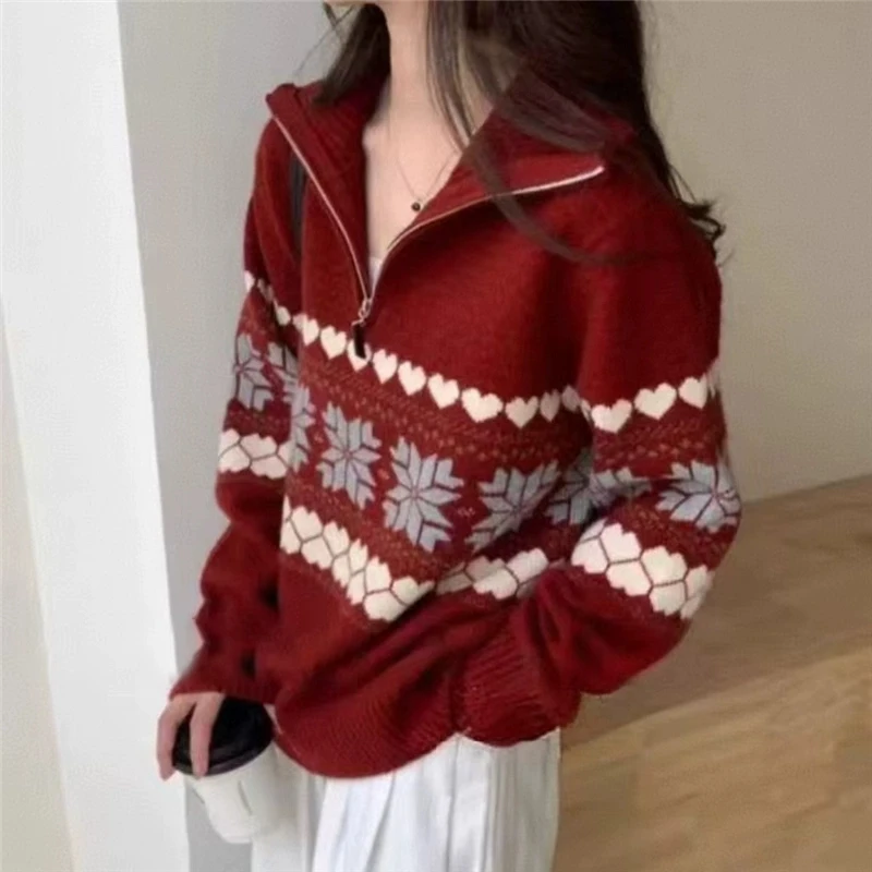 2024秋冬新款立领雪花提花韩版翻领套头毛衣宽松慵懒针织衫外穿