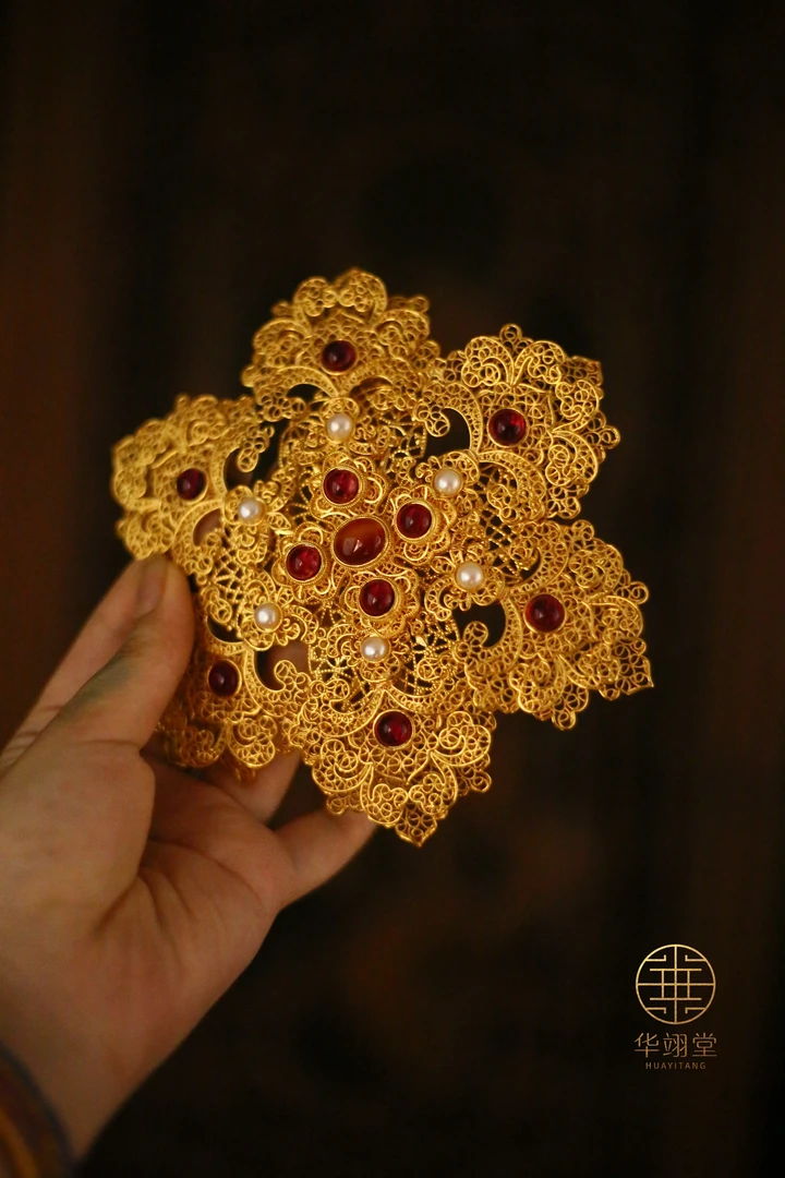 铜合金婚庆饰品 华翊堂原创铜镀金仿花丝镶嵌宝石雪花宝相花簪