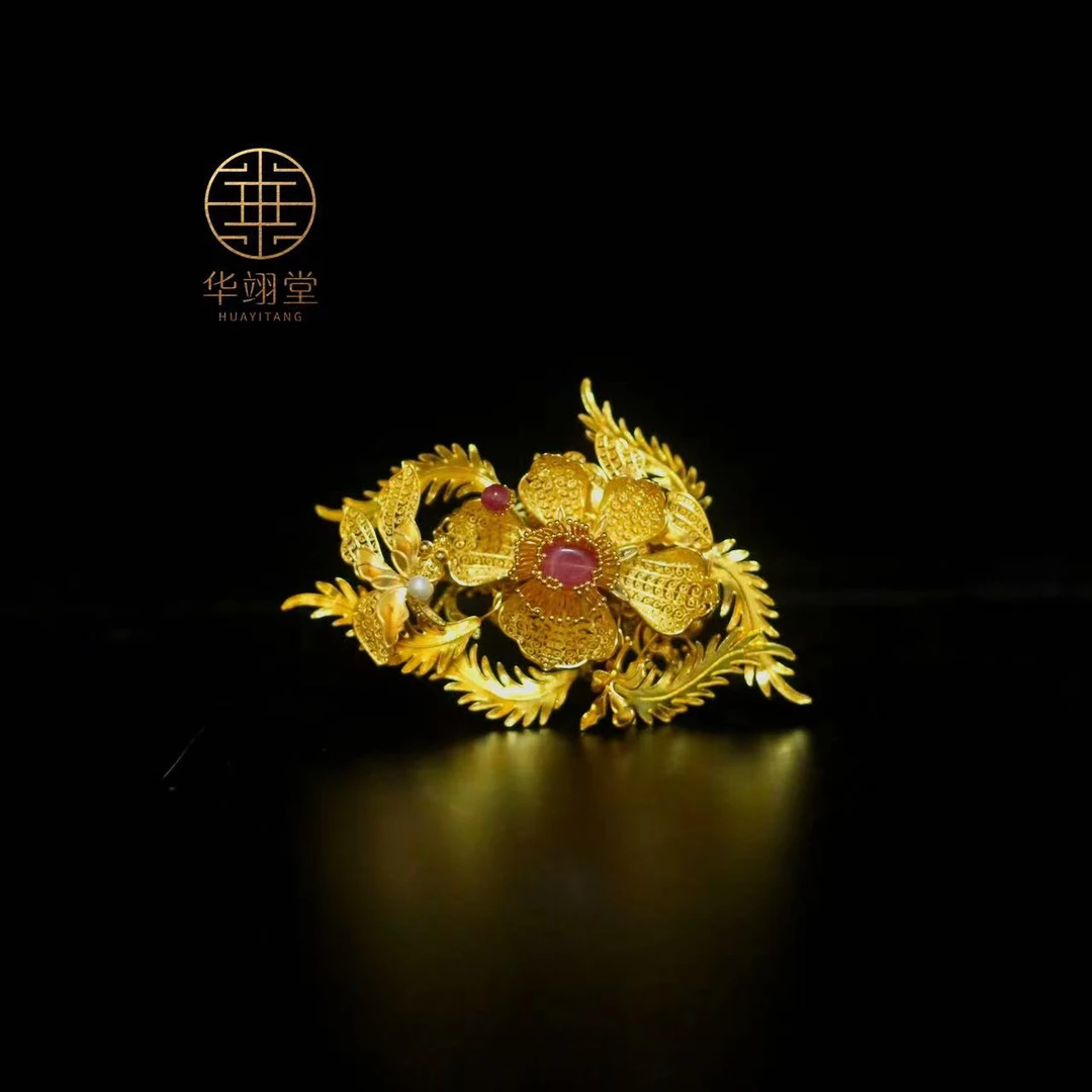 铜合金婚庆饰品 华翊堂复刻款日常汉服配饰初桃镀真金宝石发簪