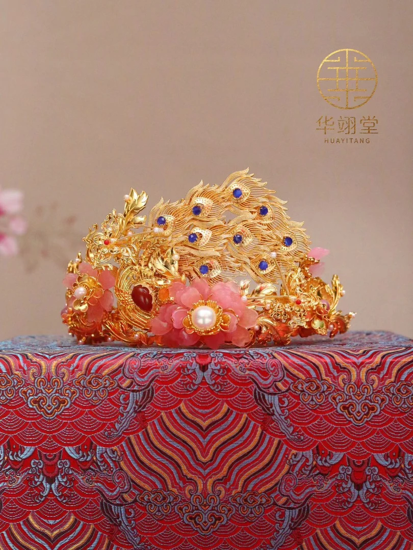 铜合金婚庆饰品 华翊堂原创铜镀金仿花丝镶嵌宝石孔雀东南飞发冠