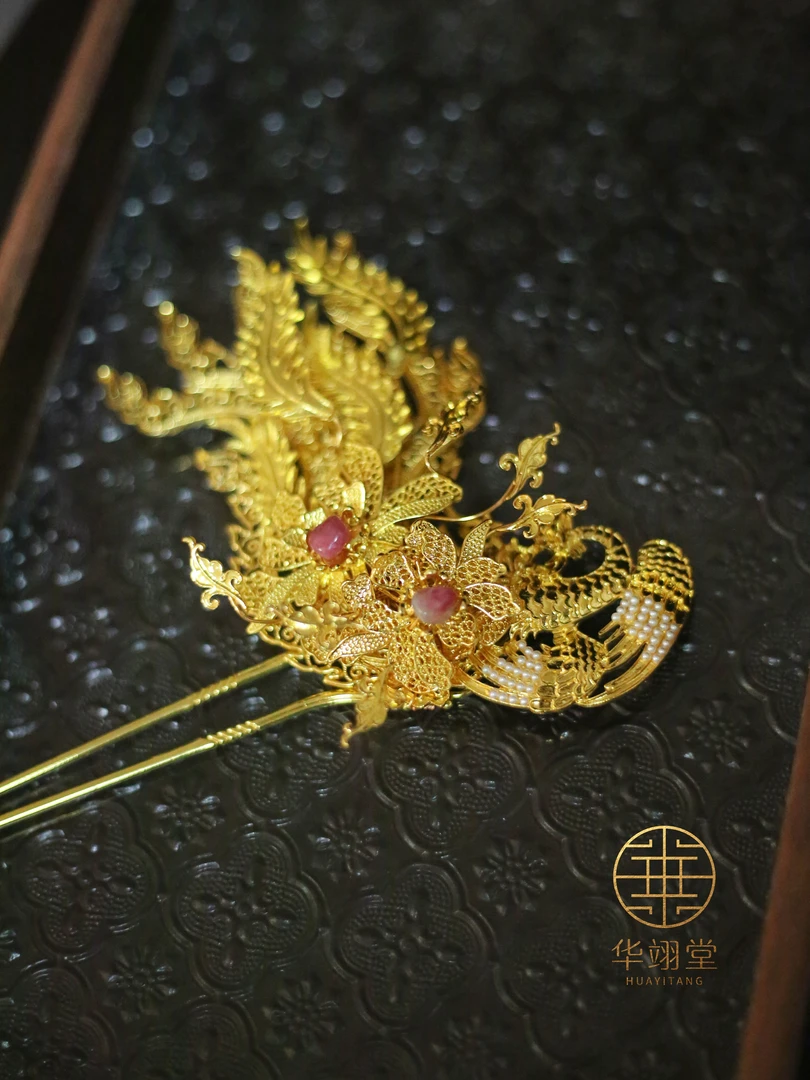 铜合金婚庆饰品 华翊堂原创设计铜镀金仿花丝镶嵌宝石颤枝侧凤