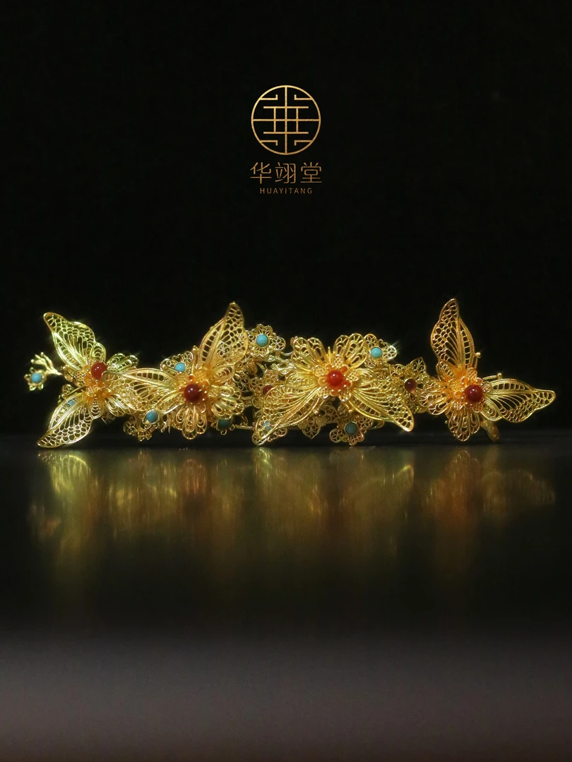 铜合金婚庆饰品 华翊堂原创汉服配饰百花蝴蝶宝石发冠