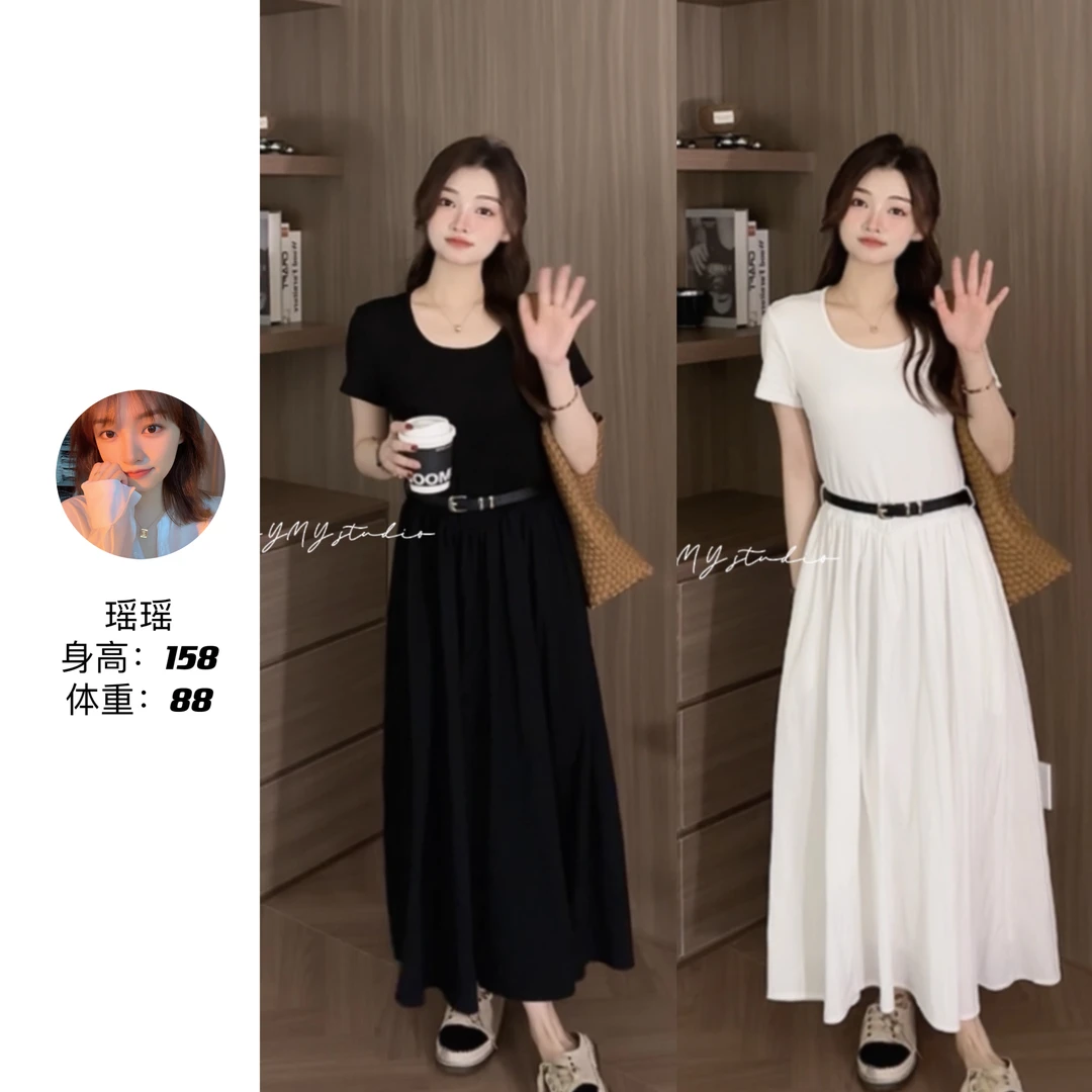 【夏礼】时尚百搭休闲简约气质拼接短袖腰带连衣裙