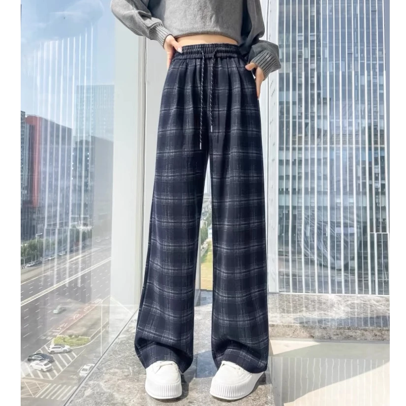 糖柒定染色织格纹秋冬季对格重磅保暖宽松老钱慵懒磨毛加绒直筒裤