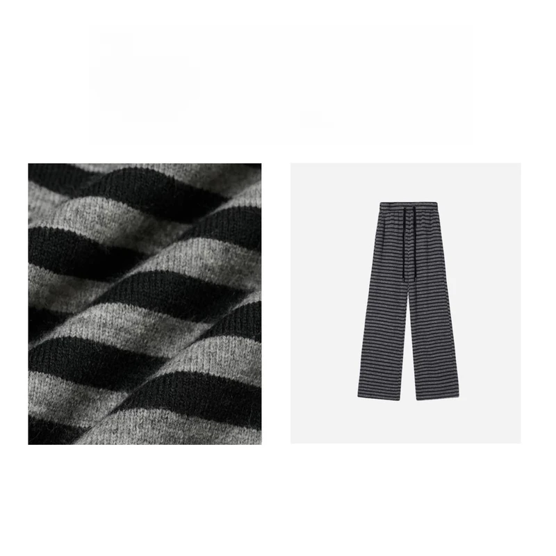 糖柒现货先发绵羊毛蚕丝冬款加厚高织高密黑色加绒条纹慵懒直筒裤