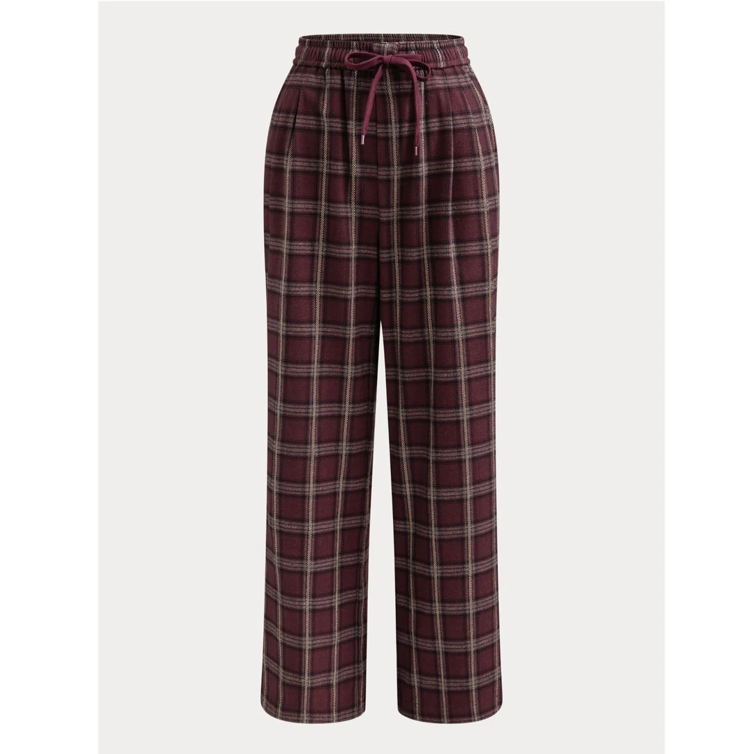 （当天发货）2025春季新款美拉德高级感老钱风收腰抽绳格子裤直筒裤