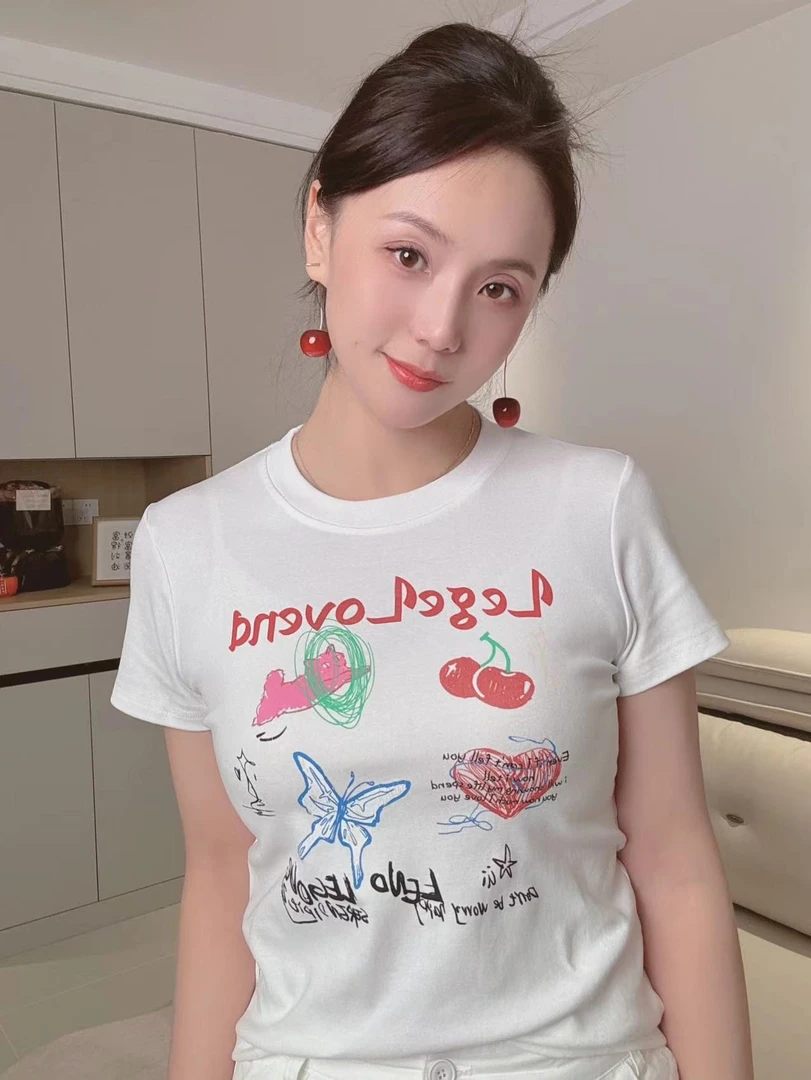 【NO退NO换】樱桃卡通修身大弹力T恤夏季圆领休闲显瘦韩版夏款时尚