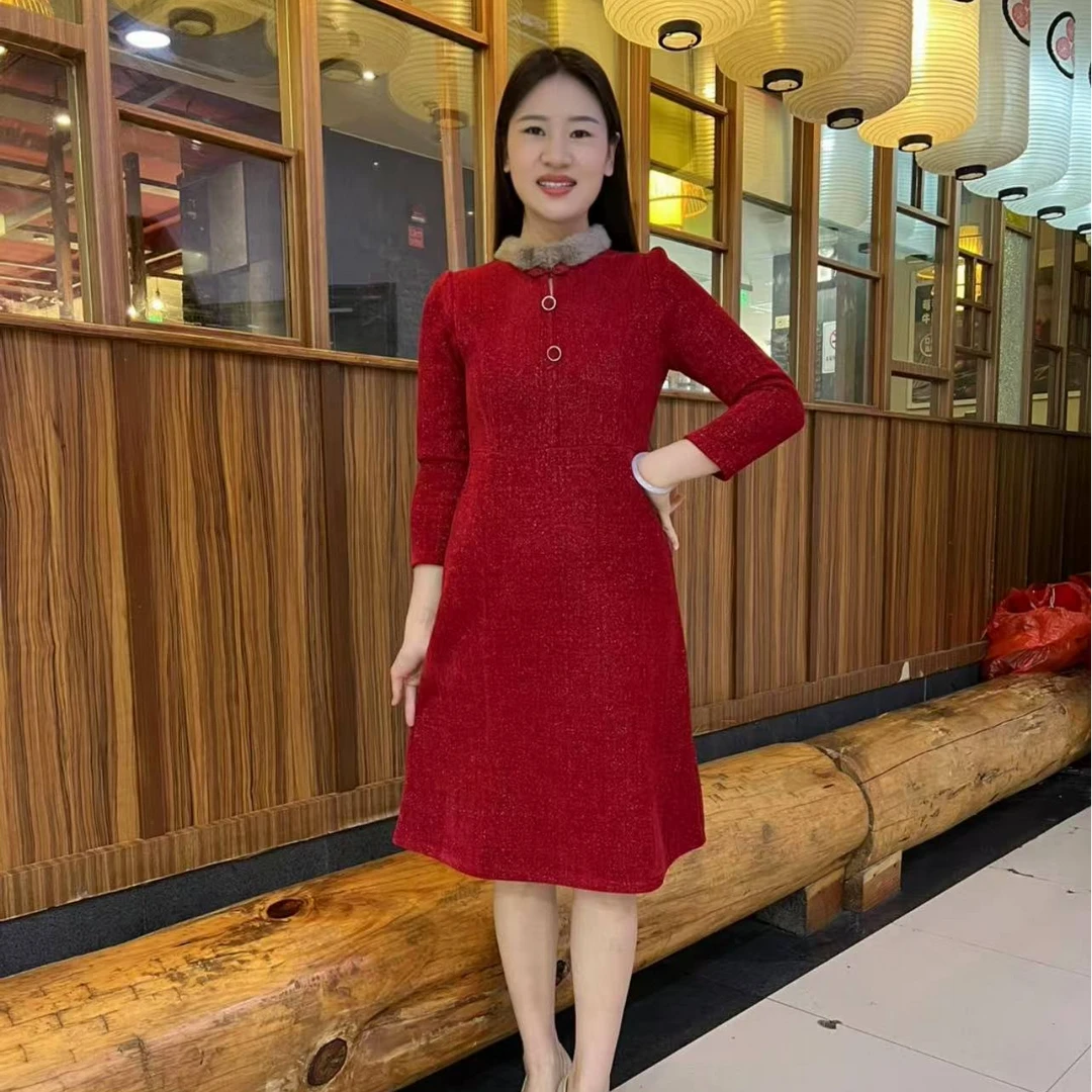 2024秋冬新款时尚轻奢大码女装减龄气质百搭妈妈装长袖连衣裙