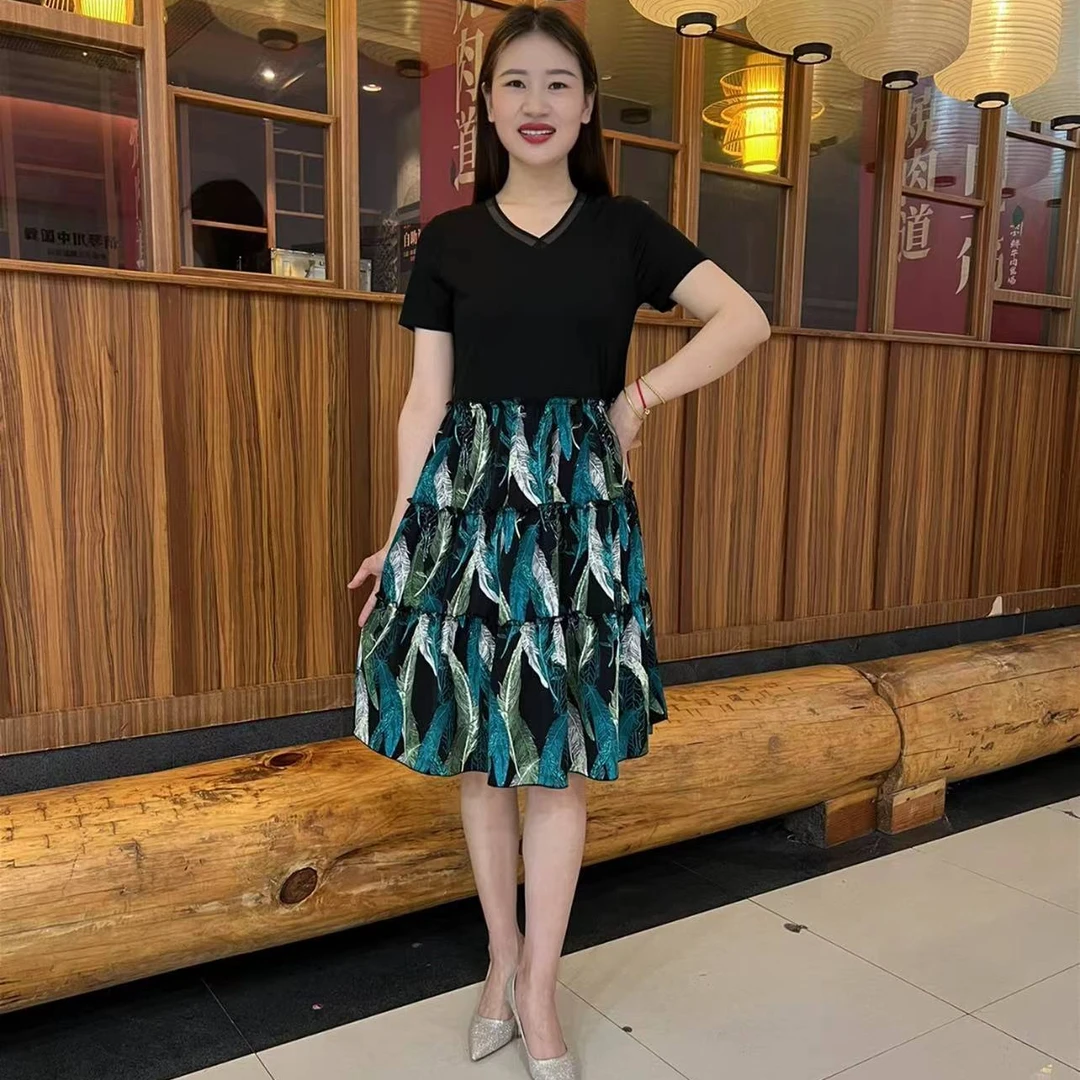 夏季新款假两件气质大花宽松遮肉女装连衣裙