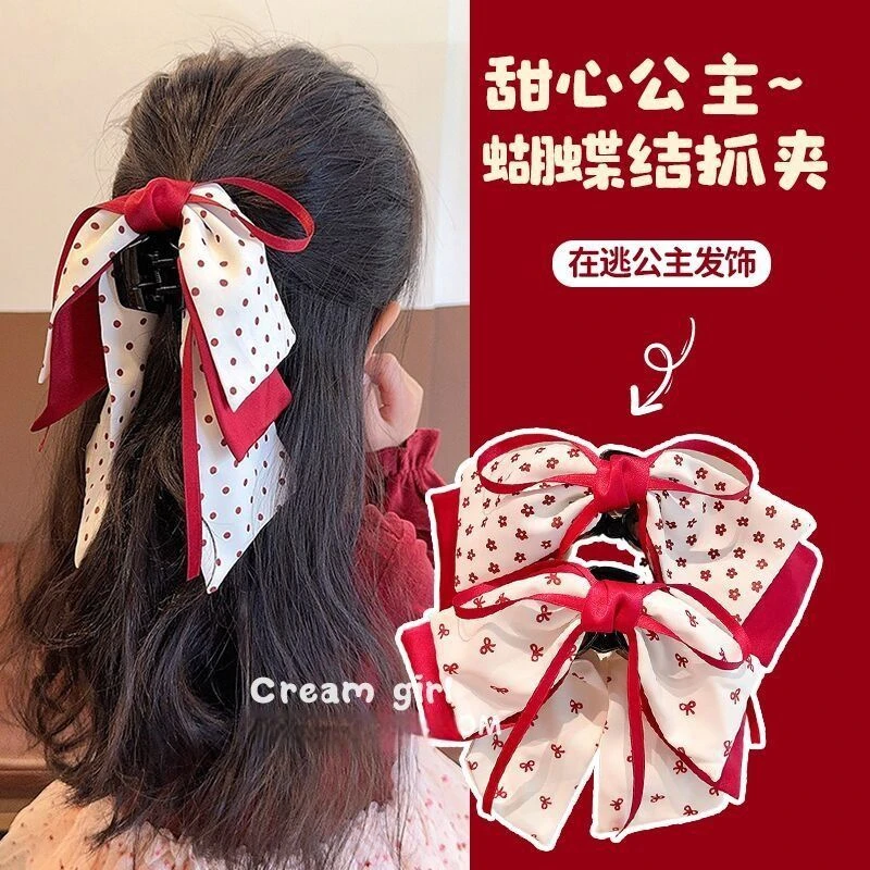 在逃公主~甜美小女孩公主头红色蝴蝶结发夹网红波点儿童盘发抓夹