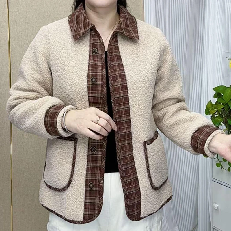 冬季新款妈妈时尚气质百搭颗粒绒拼接外套加绒加厚宽松休闲女上衣