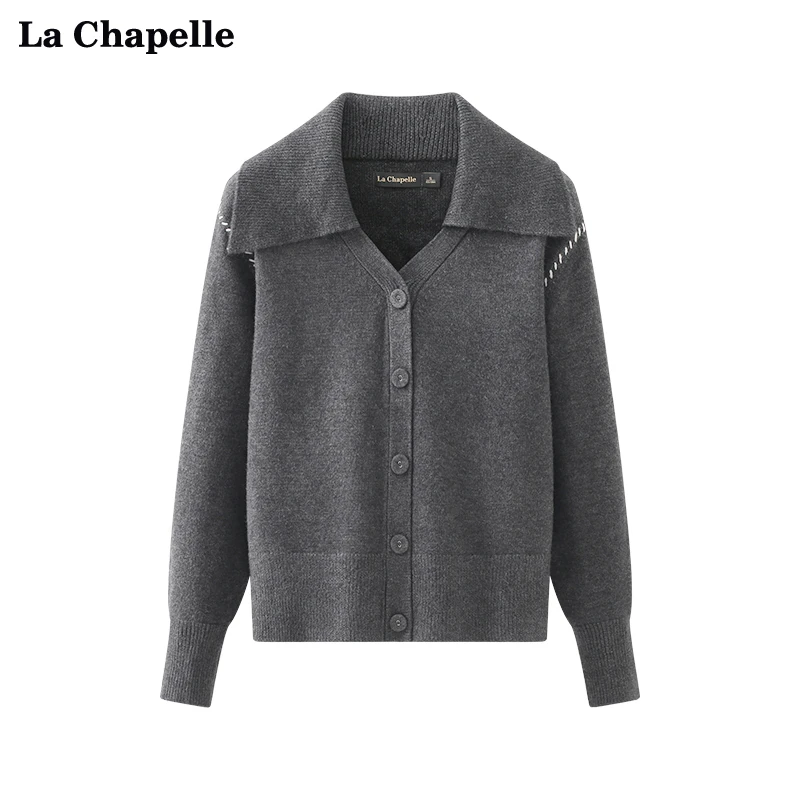 拉夏贝尔LaChapelle灰色休闲小众翻领线条针织开衫女软糯毛衣秋季