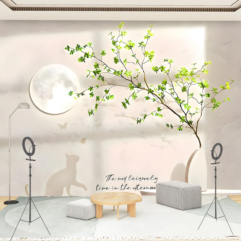 新款简约轻奢奶茶风直播间背景墙壁画墙纸3d立体画布家装工装定制