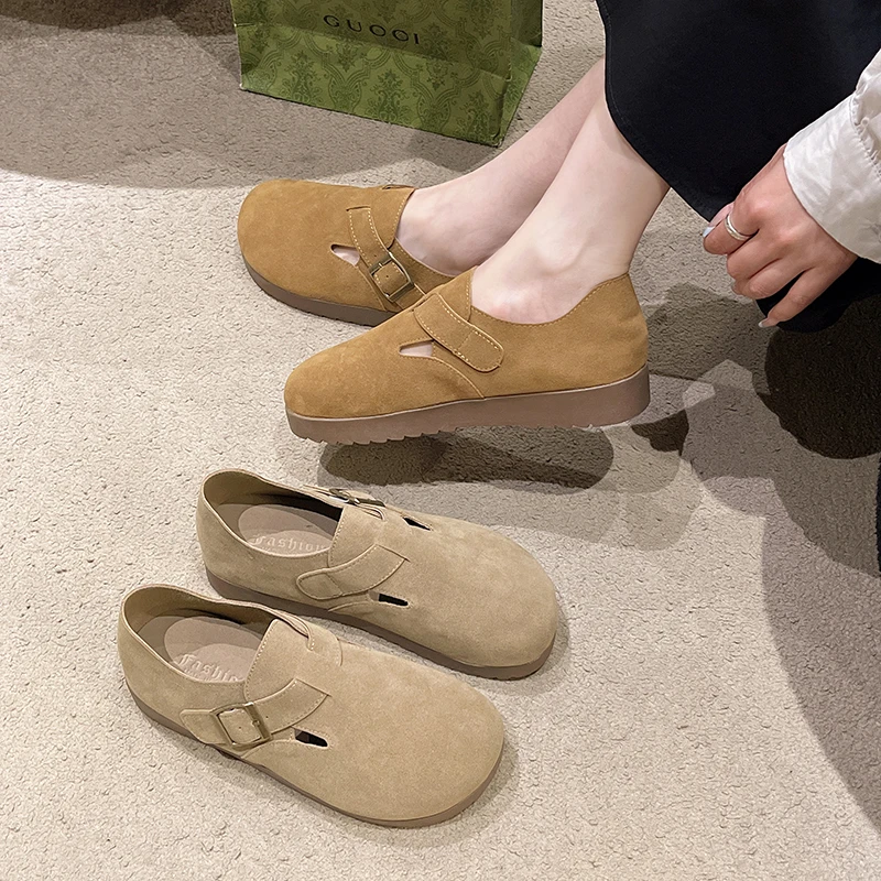 复古圆头全包勃肯鞋女2024秋季新款厚底一脚蹬乐福豆豆单鞋博肯鞋