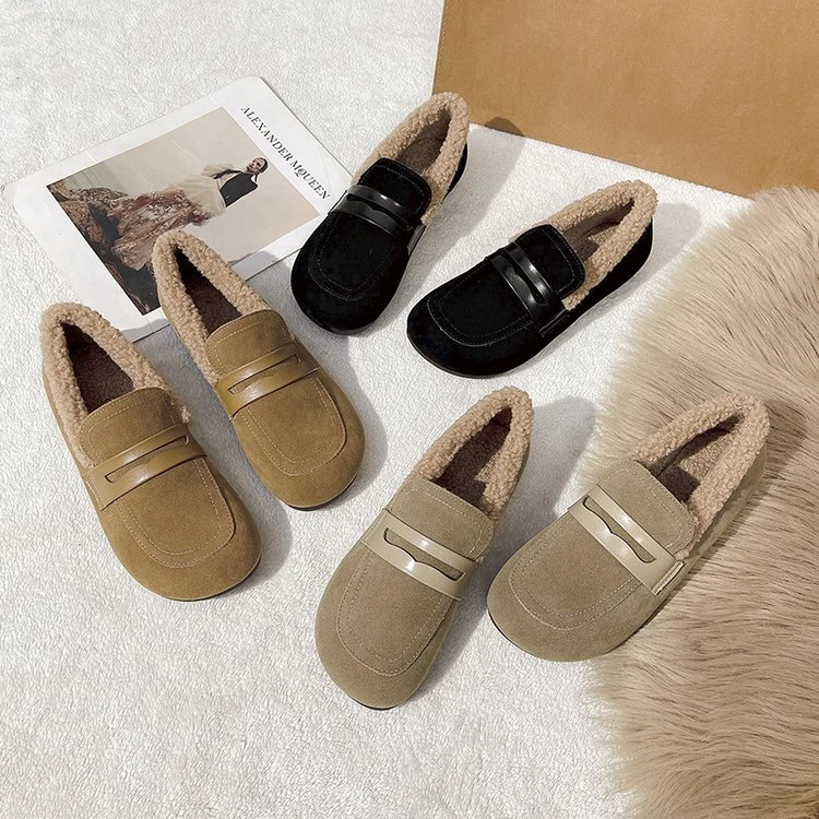 勃肯鞋女冬季2023年新款平底一脚蹬毛毛鞋女外穿加绒豆豆乐福鞋子