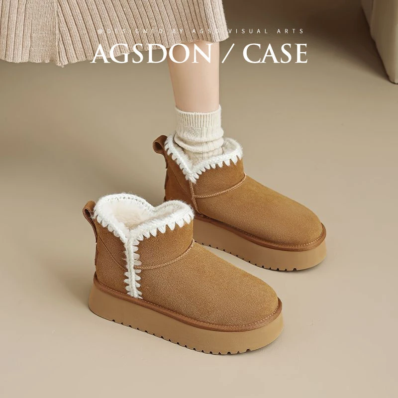 奥古狮登真皮厚底雪地靴女2025新款冬季百搭短筒靴子防滑东北棉鞋